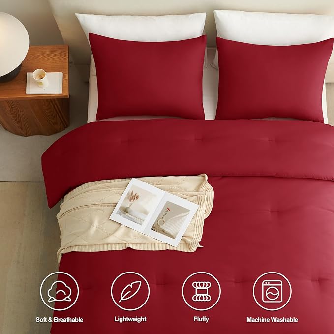CozyLux King Size Comforter Set Dark Red, 3 Pieces Solid Comforters King Size - Image 5