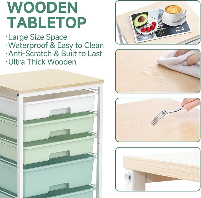 SYKIARIOL Utility Cart with 5 Drawers, Storage Cart with Wooden Tabletop and - Image 6
