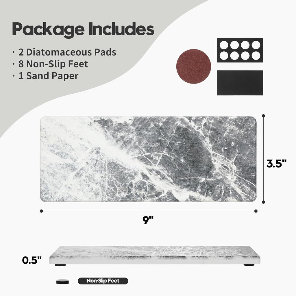 2PCS Bathroom Sink Vanity Trays, Water Absorbing Diatomite Stone Quick Drying Mat for Kitchen Counter, Dish Rack Dispenser Sponge Holder Caddy Organizer, Marble Crack, 9"x3.5"