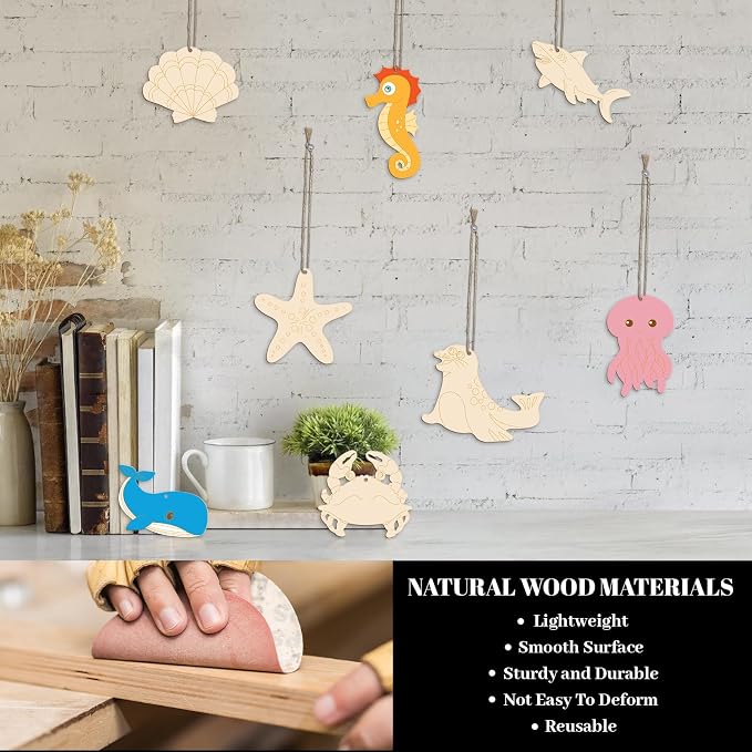 Subacy 80 PCS Unfinished Wood Cutouts 10 Styles DIY Wooden Ocean Ornaments - Image 5