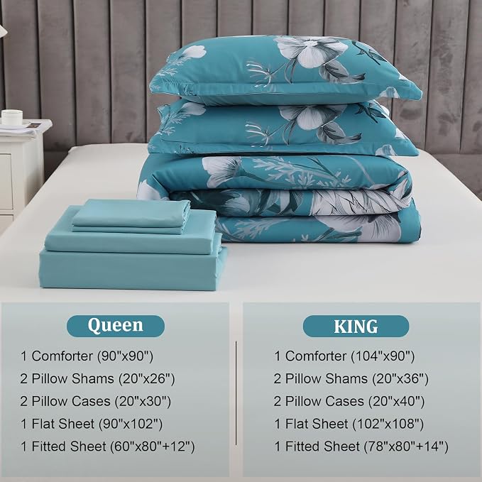 Luxudecor Floral Comforter Set King Size 7 Piece, Teal Blue Flower Bed in a Bag - Image 7