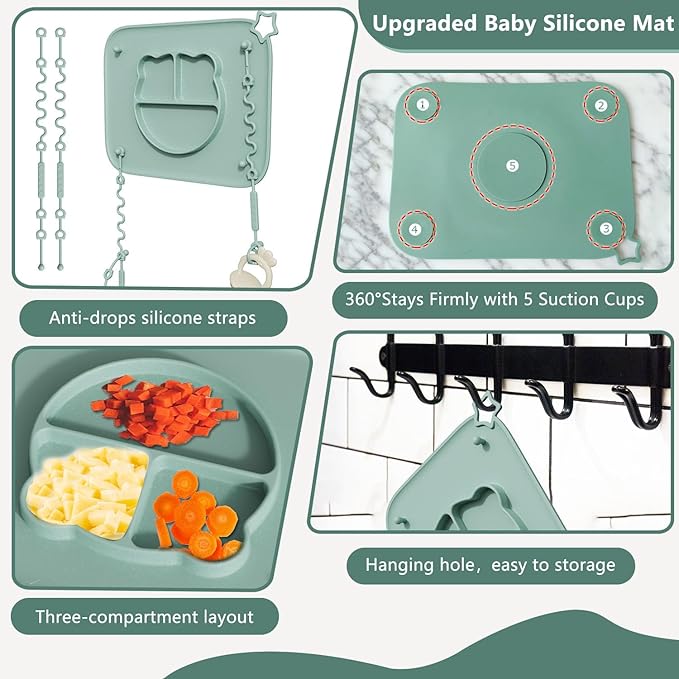 1 Pack Silicone Mat for Babies, Baby Placemat Built-in Suction Base and Equipped 4 Toy Straps & Anti-Peel Design, Activity Mat for Infants to Toddlers, Keeps Babies Essentials Off The Floor, Purple