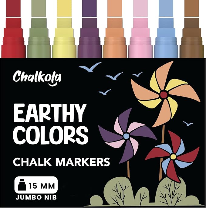 Jumbo Chalk Markers - 15mm Window Markers | Pack of 8 Classic Earth Color pens by Chalkola