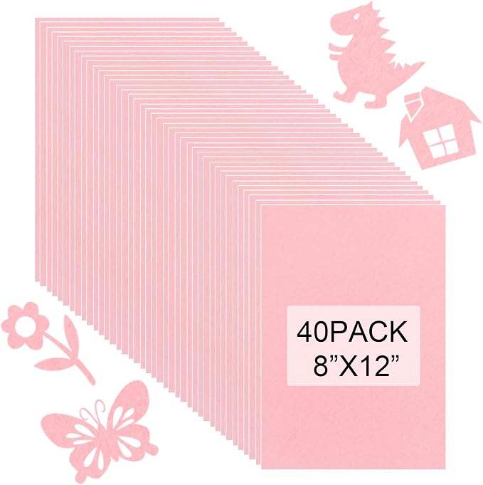 40 Pcs Stiff Felt Fabric Sheet for Crafts, 1mm Thick and 8”x12”Pink Felt Fabric by Tiparts