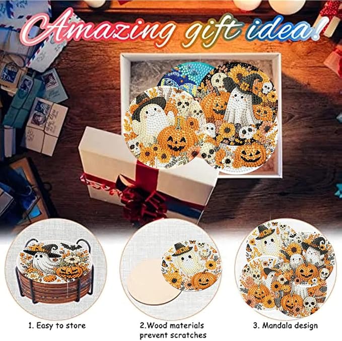 8 Pack Halloween Diamond Art Coasters, Ghost Diamond Painting Coasters Kits | - Image 6