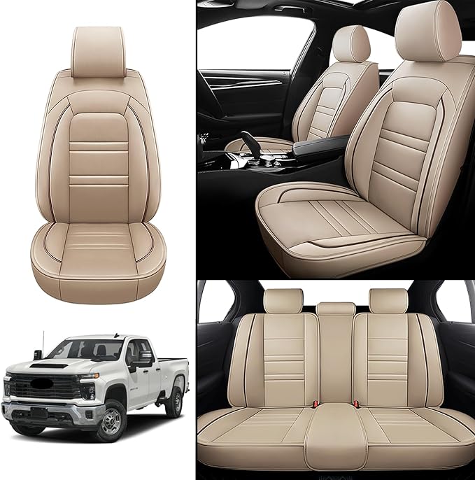 Seat Covers for Chevy Silverado 2500 2007-2025 | 5-Seats Leather Seat Covers, Easy to Install Automotive Seat Covers Full Set (Full Set, Beige)
