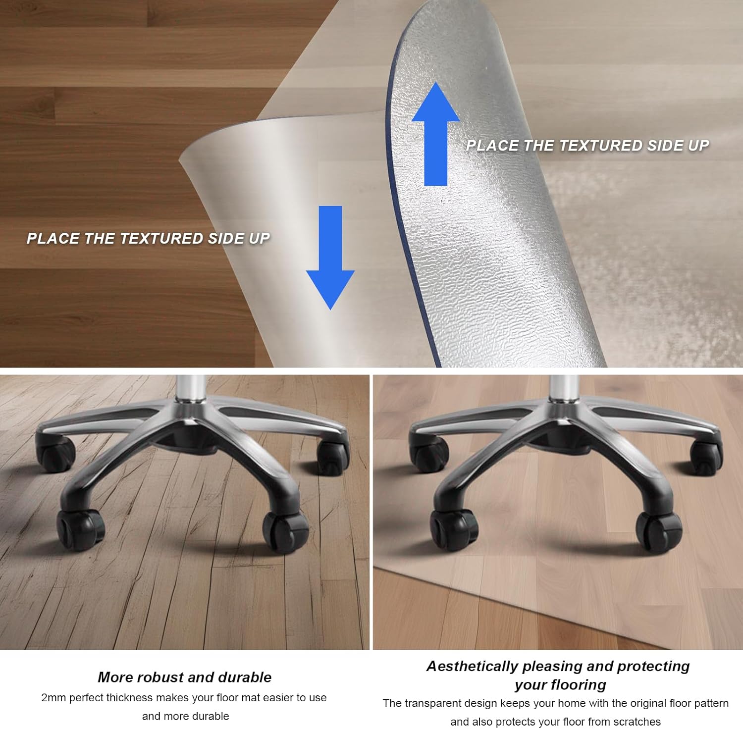 Azadx Chair Mat for Hardwood 60"x 48" Large Office Chair Mat for Hardwood Floors Protector Mat for Office Chair Easy Glide Rolling Plastic Clear Desk Computer Chair Mats for Home Offices