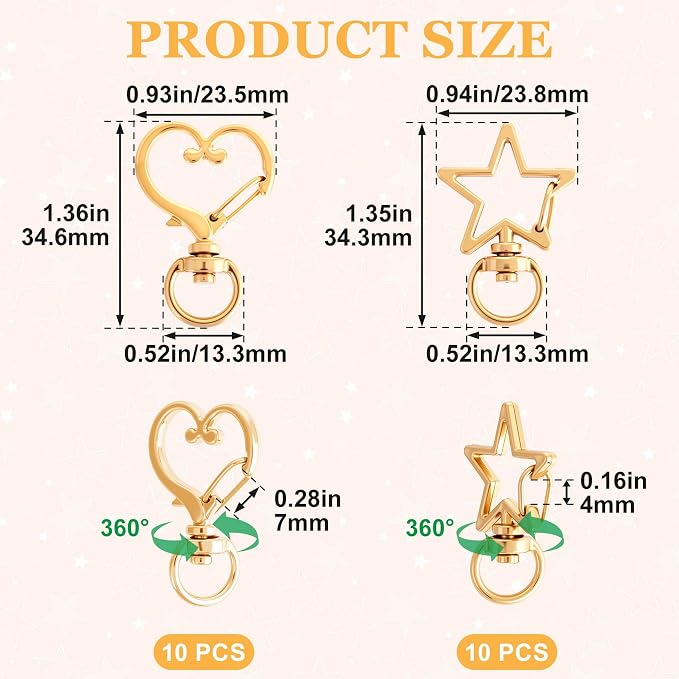 20 PCS Star Swivel Keychain Clasps, Heavy Duty Star Heart Shaped Spring Snap - Image 2