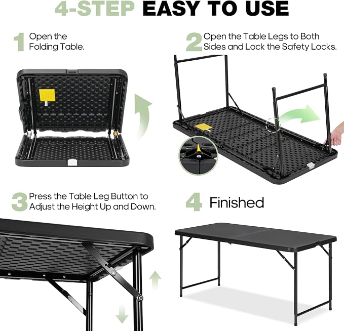 4ft Folding Table with Adjustable Height, 2-Level Foldable Table with HDPE Top - Image 6