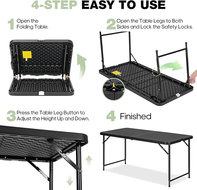 4ft Folding Table with Adjustable Height, 2-Level Foldable Table with HDPE Top - Image 6
