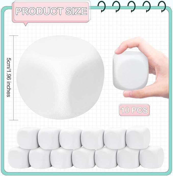 10 PCS White Blank Foam Dice 1.96 Inch EVA Six Sided Dice DIY Craft Supplies - Image 2