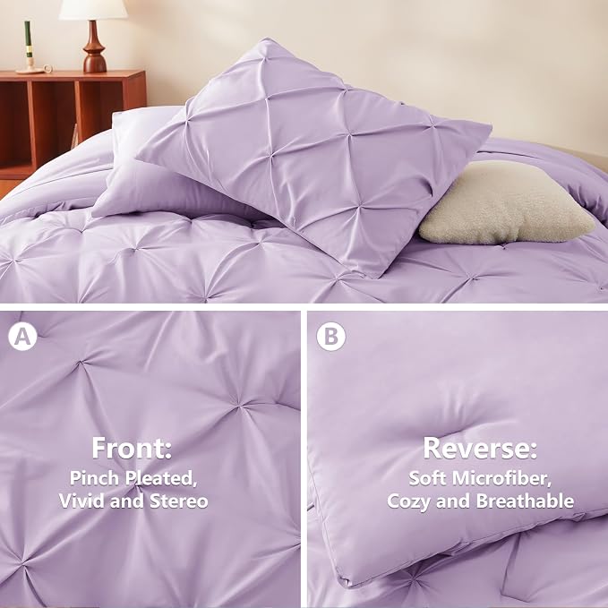 HIMEET Pintuck Bed in a Bag, 7 Pieces Full Size Comforter Set Lavender - Image 3
