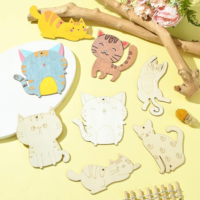 40 pcs Mixed Styles Lovely Cat Theme Unfinished Wood Cutout Charms Kitten Pet - Image 5