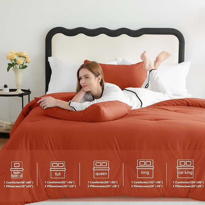 CozyLux Full Size Comforter Set Terracotta, 3 Pieces Burnt Orange Rust Solid - Image 6