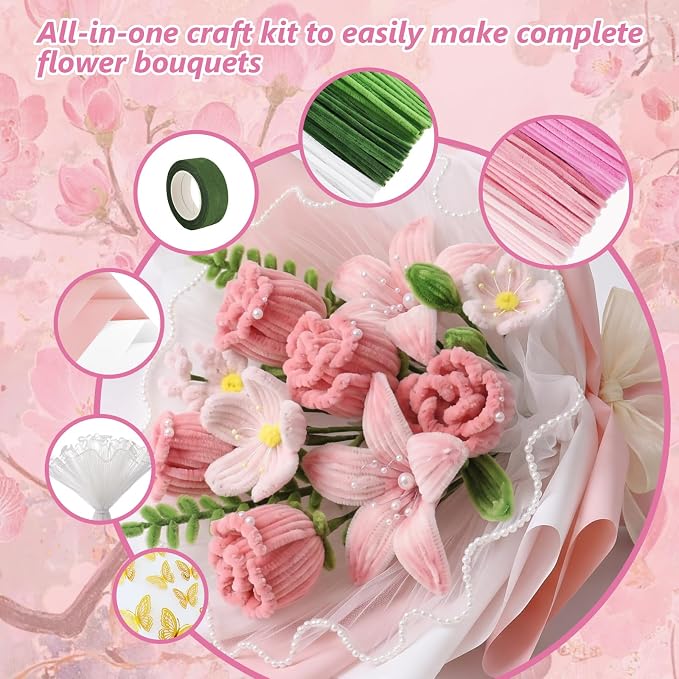 Cwczhi 600 PCS Pipe Cleaners Craft, 9 Assorted Colors Pink Pipe Cleaner Flower - Image 5