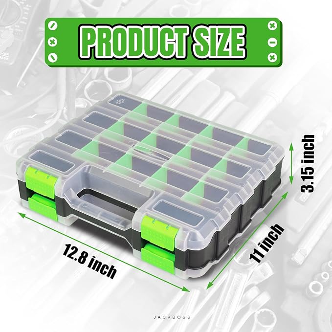 Jack Boss Tool Box with Transparent Lid, Double Side 34-Compartments Organizer - Image 2