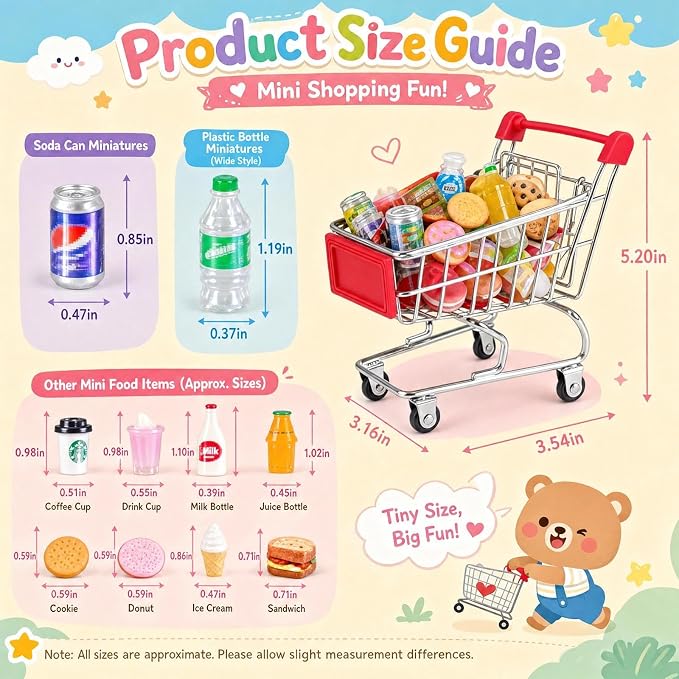 134pcs Mini Shopping Cart Basket Miniature Food Drink Bottle Supermarket Metal - Image 2