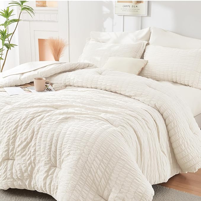HYMOKEGE Ivory Duvet Cover King Size, Ultra Soft 3-Piece Seersucker Duvet Cover - Image 5