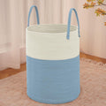 Large Woven Laundry Basket Hamper,60L Cotton Rope Storage Bin for Blankets,Toys and Clothes,Decorative Tall Nursery Hamper for Living Room,Baby Nursery,Bathroom and Bedroom,White and Blue