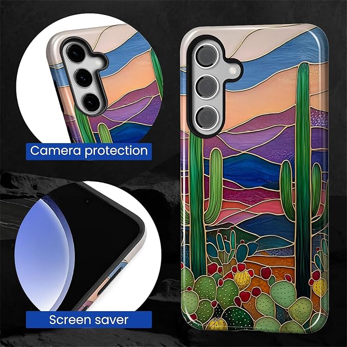for Samsung Galaxy S25 FE Case, Stained Glass Cactus Pattern Glossy 2 in 1 - Image 4