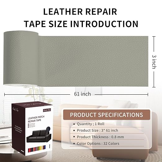 Leather Repair Patch Tape, Light Grey 3 x 61 Inches Self Adhesive Leather - Image 2