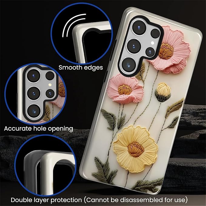 Case for Samsung Galaxy S26 Ultra Case, Faux Embroidery Boho Floral Design- - Image 5
