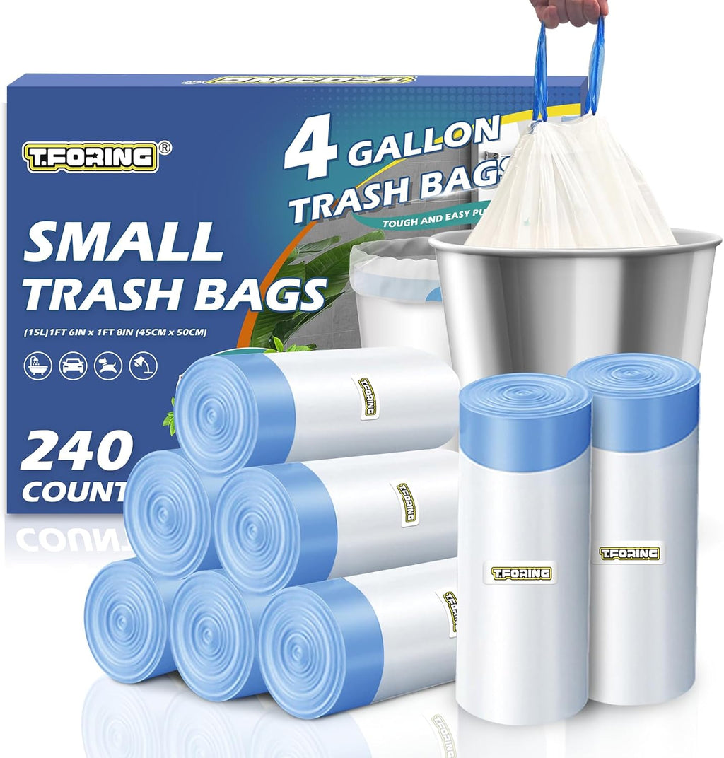 240 Count 4 Gallon Small Trash Bags Drawstring 1.1 Mil - White Garbage Bags Unscented for Bathroom, 15 Liter Thick Plastic Wastebasket Liners for Toilet Home Office and Bedroom