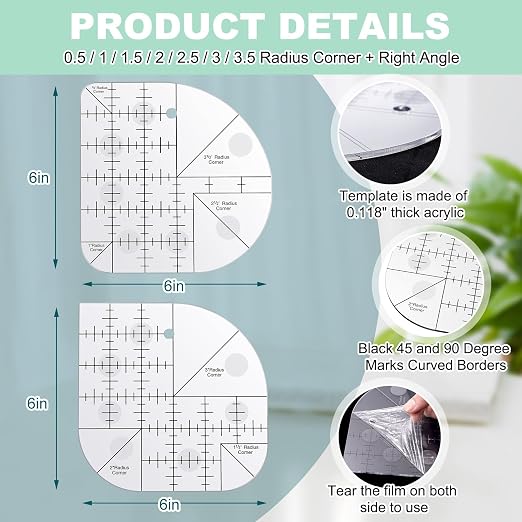 Kigley 2 Pcs Curved Corner Cutter Quilt Ruler Acrylic Sewing Patchwork Template - Image 2