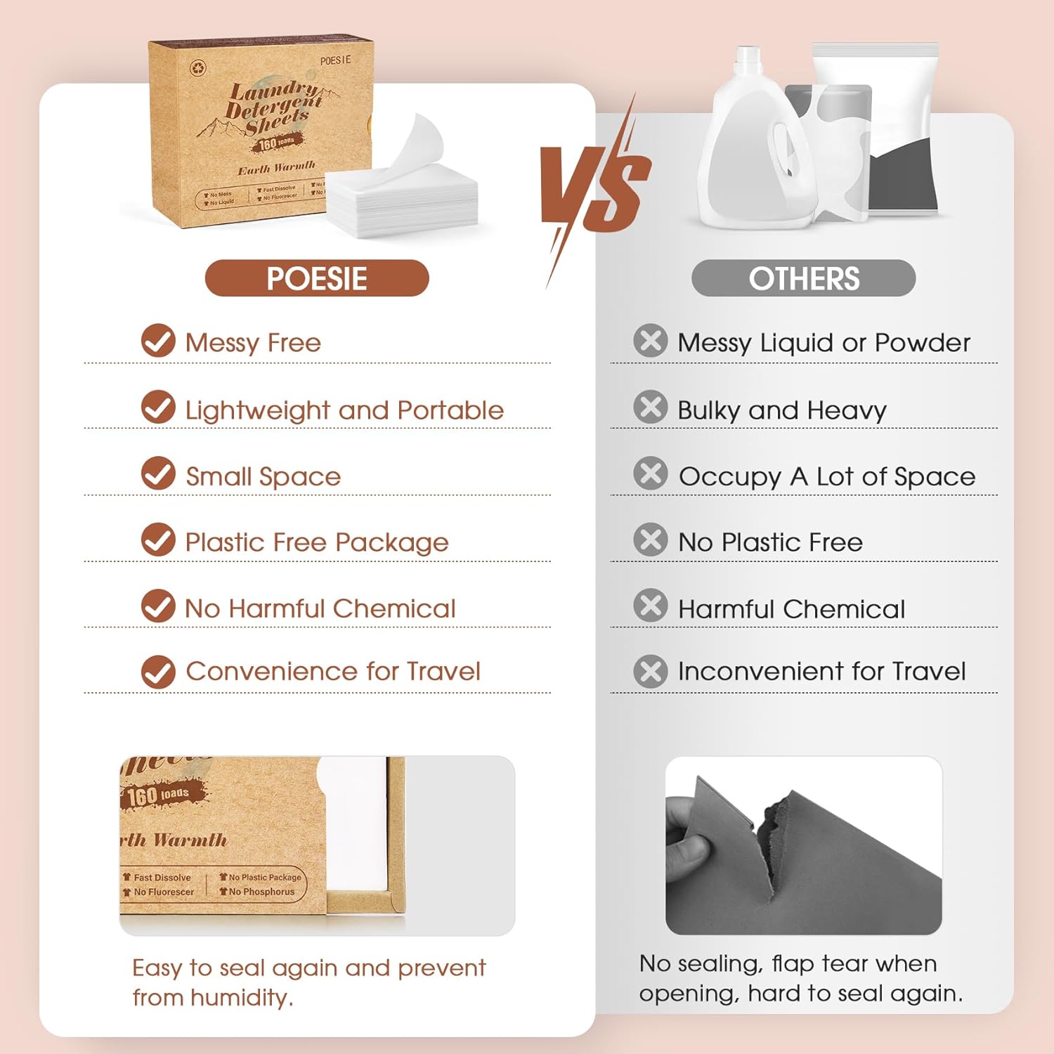 Poesie Laundry Detergent Sheets Earth Warmth Scent 160 Count Road Trip College Dorm Essentials for Travel Washing Sheets Detergent Liquidless Portable No Messy Laundry Strips