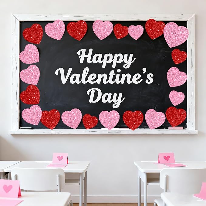 JarThenaAMCS 45Pcs Valentine' s Day Paper Cutouts Red Pink Glitter Heart Shape - Image 5