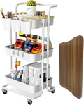 3 Tier Rolling Cart with Metal Handle, Table Top, Hanging Cups, Hooks, Plastic Storage Baskets& Wheels Lockable, Utility Cart for Bathroom Classroom Office Kitchen Pantry Organizers and Storage, White