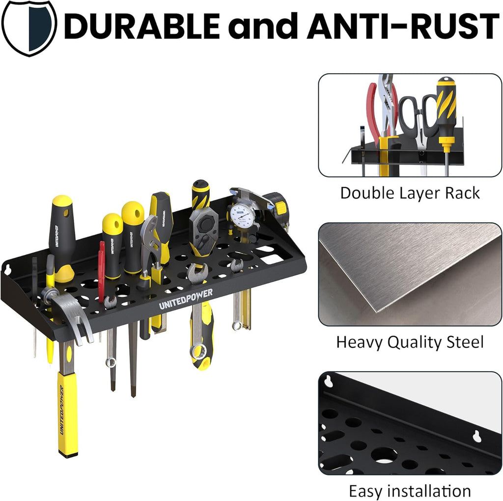 UNITEDPOWER Wall Mount Tool Storage Rack, Screwdriver Holder, Pliers Organizer, Wrench Utility Shelf, 51 Holes for Variety of Small Hand Tools, Workshop, Shed, Garage, Home