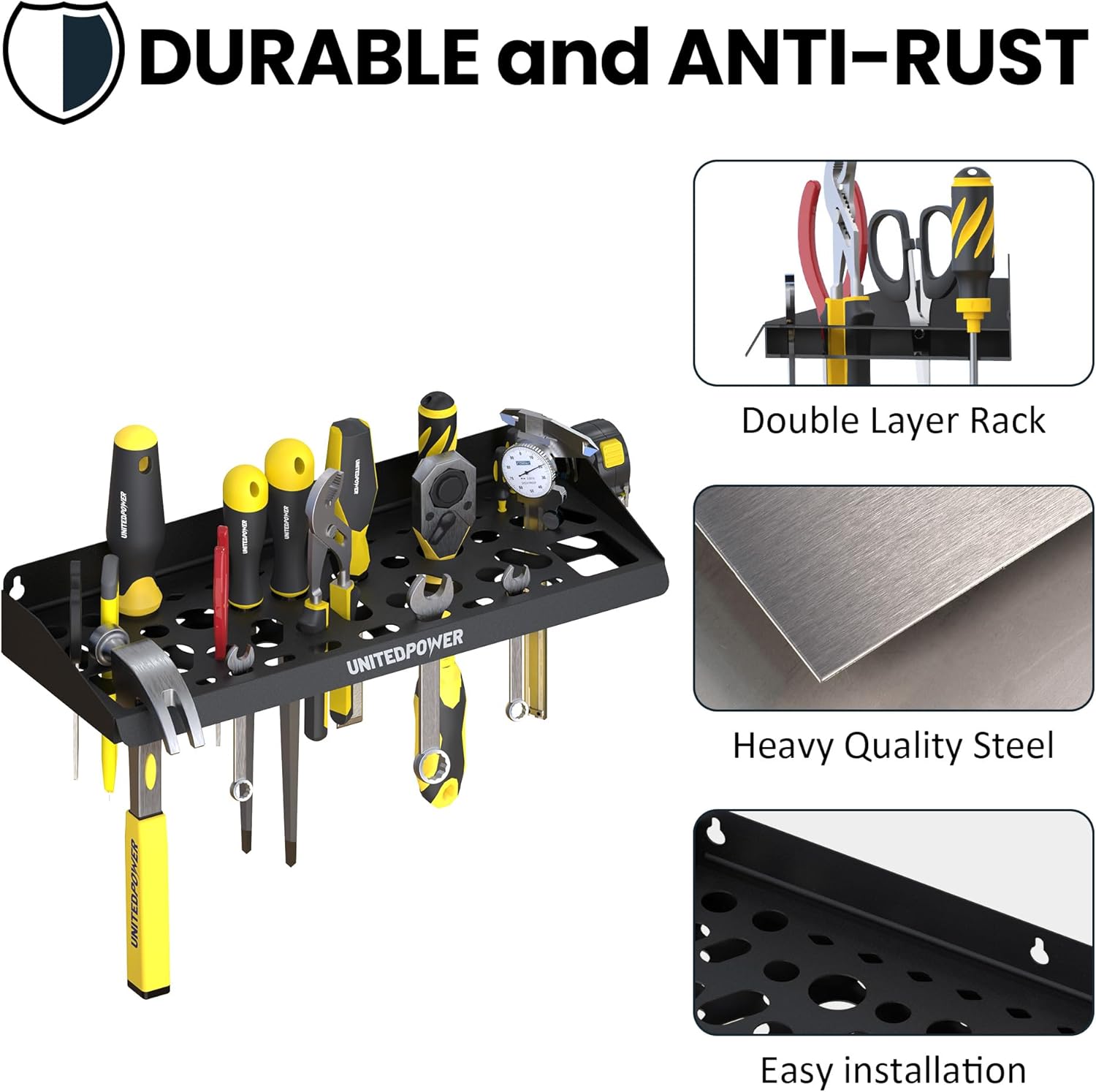 UNITEDPOWER Wall Mount Tool Storage Rack, Screwdriver Holder, Pliers Organizer, Wrench Utility Shelf, 51 Holes for Variety of Small Hand Tools, Workshop, Shed, Garage, Home