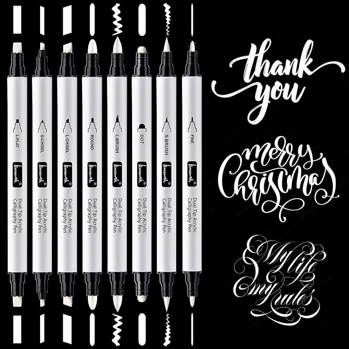 Brusarth Calligraphy Pens, 8 Size Dual Tip White Acrylic Calligraphy pen by Brusarth