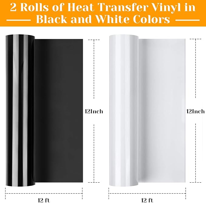 12" x 24ft Heat Transfer Vinyl Rolls, Flasoo 2 Rolls Black and White HTV Iron - Image 3