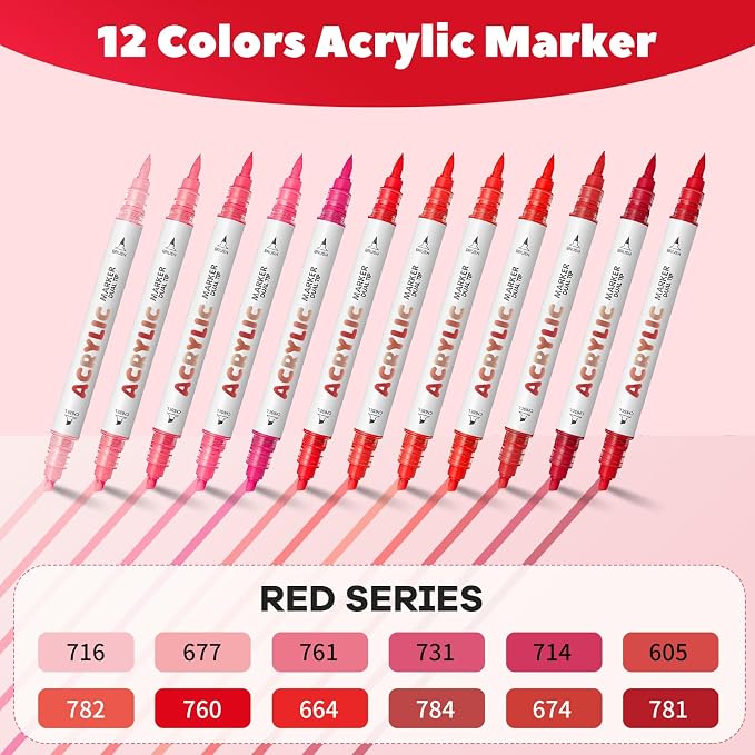 Red Series Acrylic Paint Pens, Water Based 12 Colors Dual Tip Acrylic Paint - Image 2