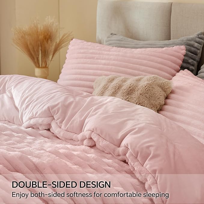 BEDELITE Fleece Oversized Queen Comforter Set -Super Soft & Warm Fluffy Pink - Image 4