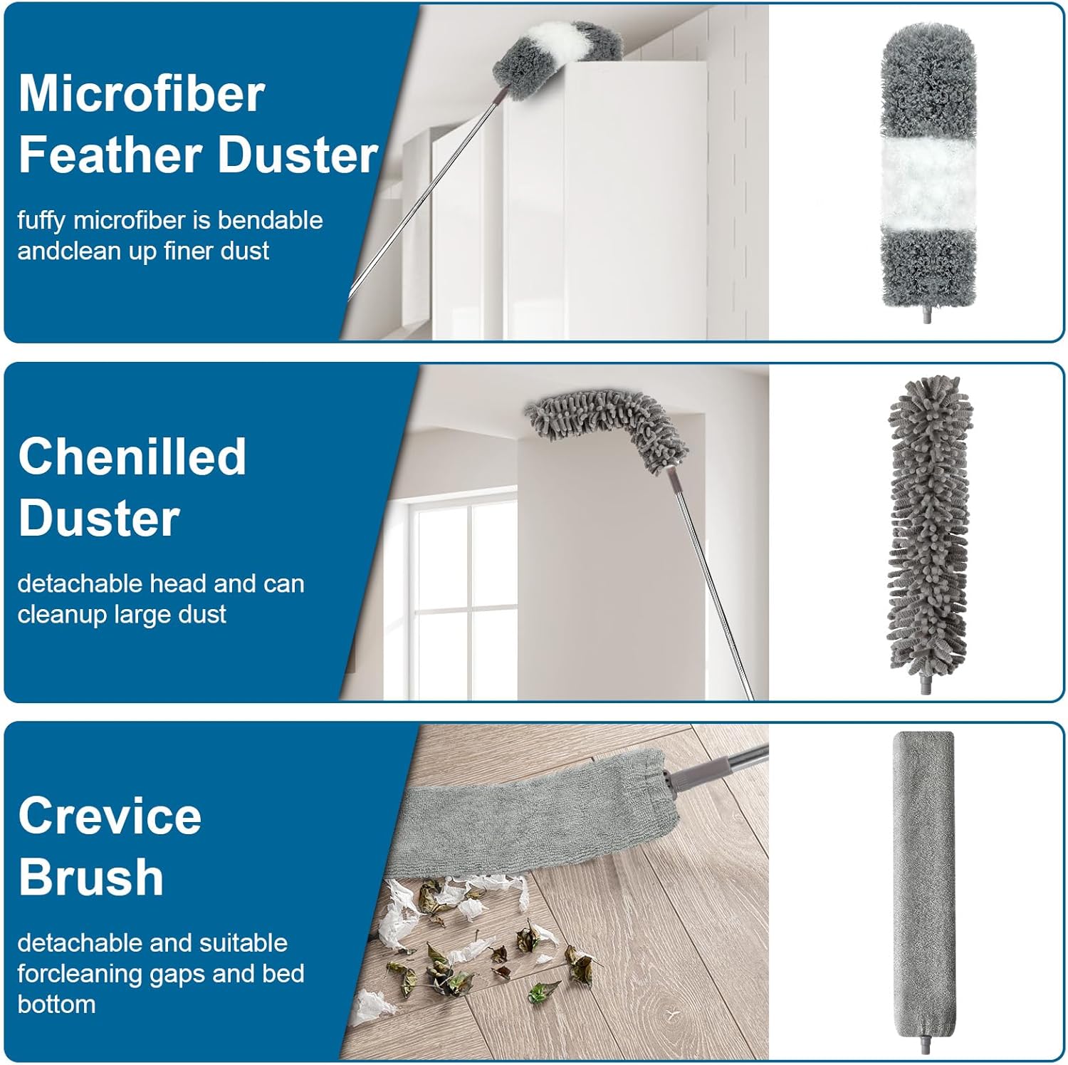 Microfiber Duster, 4PCS with Extension Pole(Stainless Steel) 30 to 100 Inches, Reusable Bendable Dusters, Washable Lightweight Dusters for Cleaning Ceiling Fan, High Ceiling, Blinds, Furniture, Cars