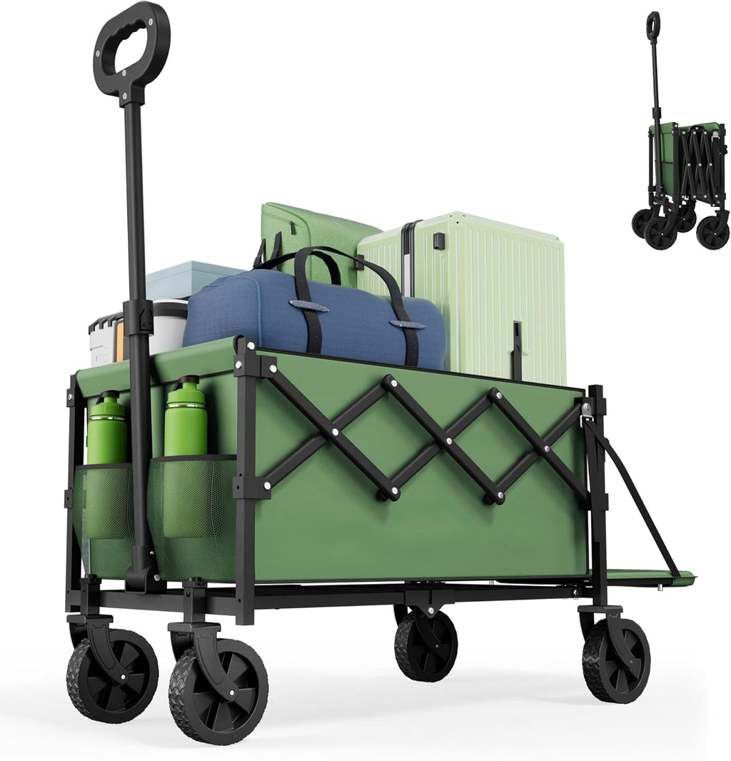 Collapsible Folding Wagon with Tailgate, Wagons Carts Foldable with 350lbs Capacity, Lightweight Portable Utility Wagon Cart for Shopping Camping Sports Garden (Green)