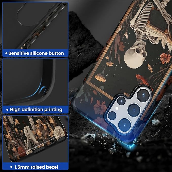 Case for Samsung Galaxy S23 Ultra Case, Skeleton Reader Goth Floral Design - Image 4