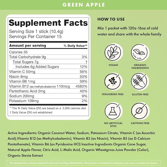 Boobie Hydromom Superfood Electrolyte Drink Mix, Green Apple | Refreshing Energy & Hydration Boost for Mamas | On-The-Go & Travel Essentials for Pregnancy, Lactation, & Beyond, 10 Packets