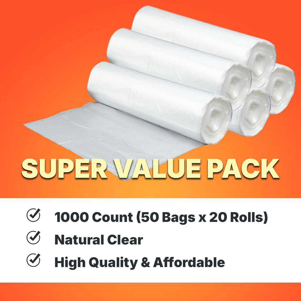 12-16 Gallon Trash Bags, 8 Micron High Density Garbage Can Liners Bulk, 24" x 33", Natural Clear, 1000 Count