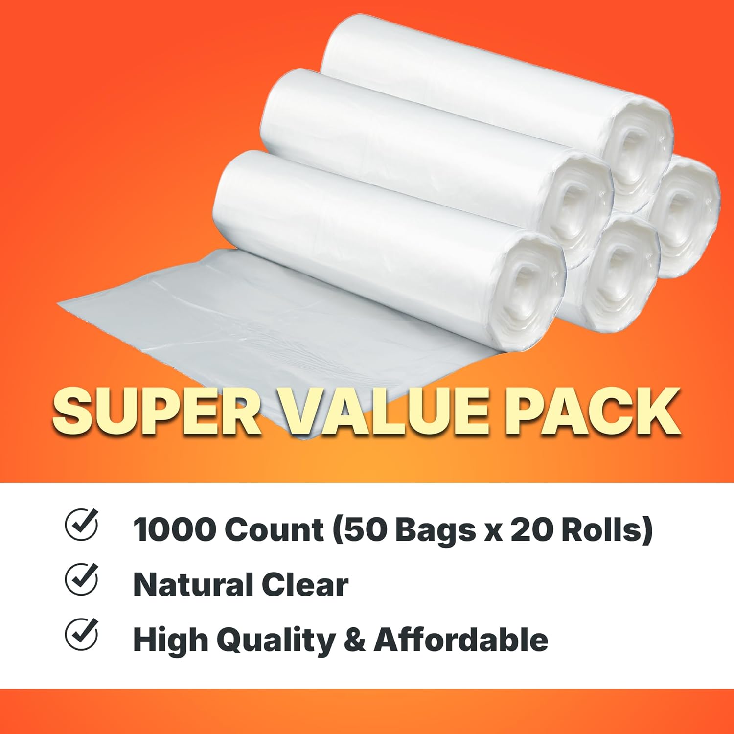 12-16 Gallon Trash Bags, 8 Micron High Density Garbage Can Liners Bulk, 24" x 33", Natural Clear, 1000 Count