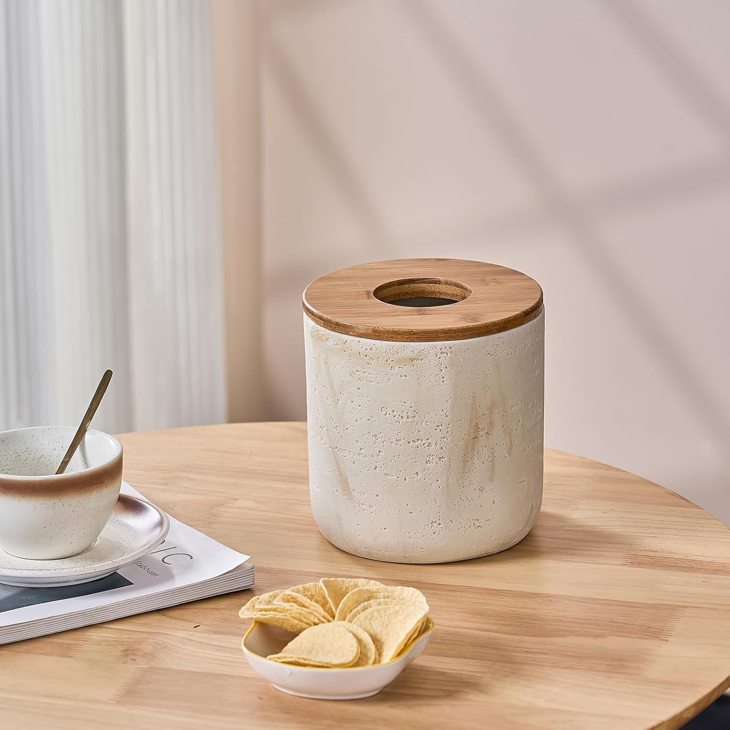 Natural Travertine Textures Beige Mini Trash Can with Bamboo Lid,Small Countertop Trash Can for Bathroom, Kitchen, Vanity, Desk Trash Can,Table Top Mini Garbage Can for Dining Room, Tiny Waste Basket