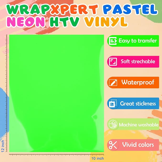 WRAPXPERT Neon HTV Heat Transfer Vinyl 8 Neon Vinyl Assorted Sheets 12x10In - Image 6