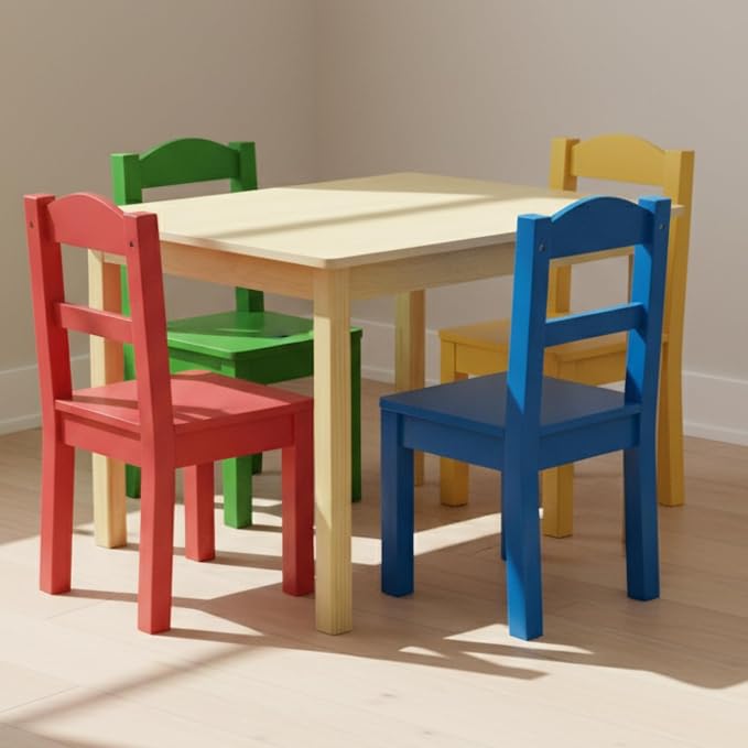 Humble Crew Kids Wooden Table and 4 Chairs Set, Natural/Primary - Image 2