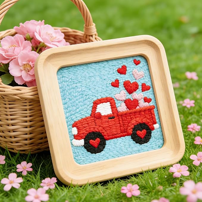 INFUNLY Red Truck Punch Needle Kit Heart Car DIY Embroidery Punch Needle Set - Image 4