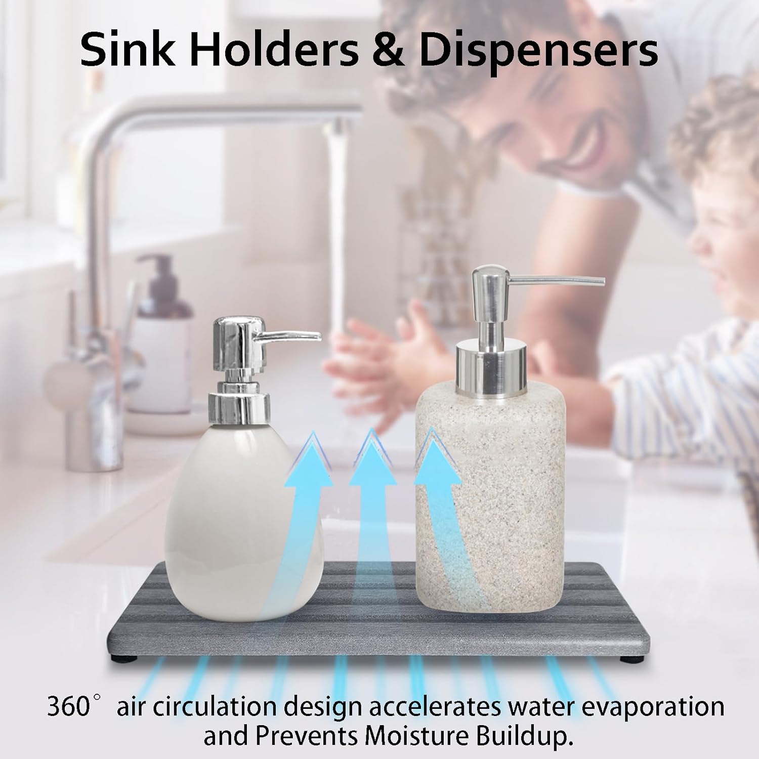 Set of 3 Diatomite Hand Soap Holder, Water Absorbing Stone Tray for Kitchen Countertop, Fast-Drying Bathroom Trays(1pcs 20 x 10cm + 2pcs 10 x 10cm Grey)
