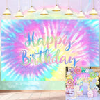 8x6ft Tie Dye Happy Birthday Backdrop Macaron Pastel Girls Birthday Background by TENCOWPartyDecoration