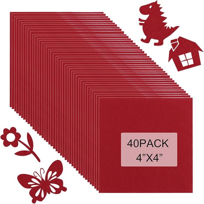 40 Pcs Stiff Felt Fabric Sheet for Crafts, 1mm Thick and 4”x 4”Red Felt Fabric by Tiparts